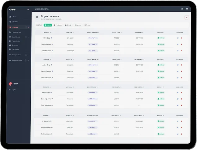 Organizations view in Artiko on a tablet: managing companies and entities with their vertical, departments, dates and status.